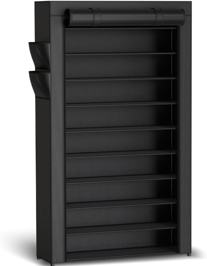 Shoe Rack - 10-Tier Large Capacity Shoe Organizer Shelf with Dust Cover & Side Pockets, Rust-Proof Metal Shoe Rack for Closet, Entrance, Living Room, 17.5" x 12.4" x 69.3", Black