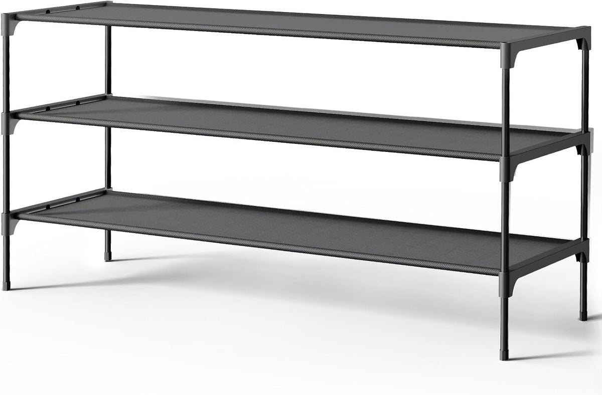 Kitsure Shoe Rack - Non-Woven Shoe Rack Shelf, Shoe Organizer for Closet, Entryway, Garage & Corridor, Stackable Shoe Shelves, 27.5" Wide - 3 Tier, Black