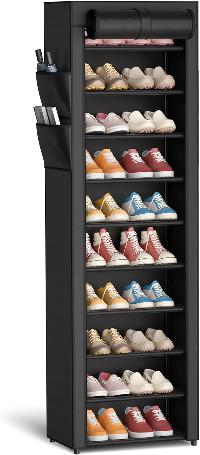 Shoe Rack - 10-Tier Large Capacity Shoe Organizer Shelf with Dust Cover & Side Pockets, Rust-Proof Metal Shoe Rack for Closet, Entrance, Living Room, 17.5" x 12.4" x 69.3", Black