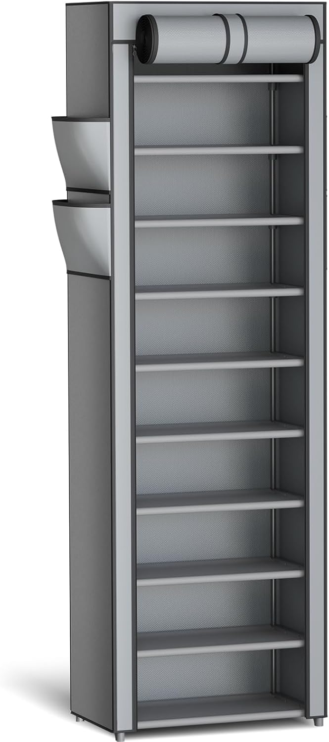 Shoe Rack - 10-Tier Large Capacity Shoe Organizer Shelf with Dust Cover & Side Pockets, Rust-Proof Metal Shoe Rack for Closet, Entrance, Living Room, 17.5" x 12.4" x 69.3", Black