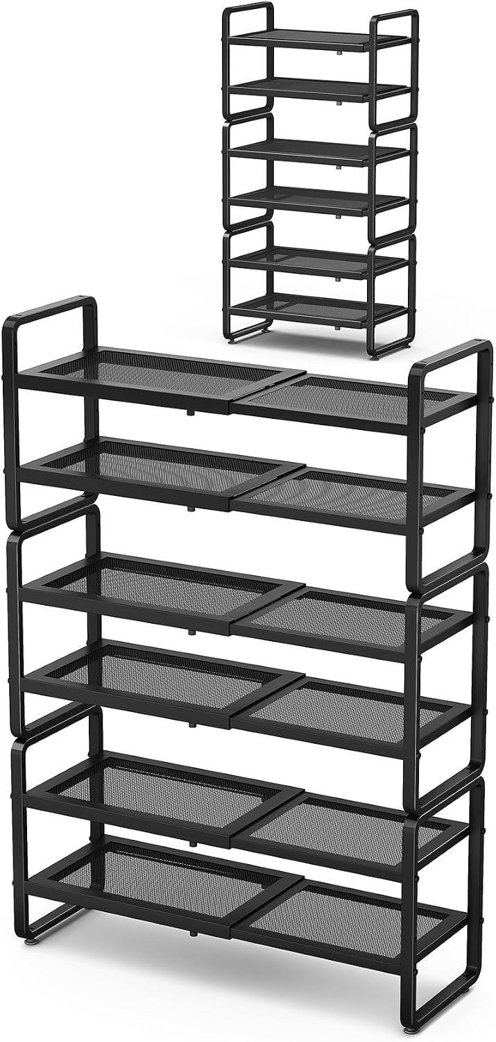 SNTD Shoe Rack - Expandable Shoe Organizer for Closet, Adjustable Metal Shoe Shelf Storage, Stackable Long Shoe Stand Holder for Garage, Entryway, Door Entrance (Black, 2-Tier)