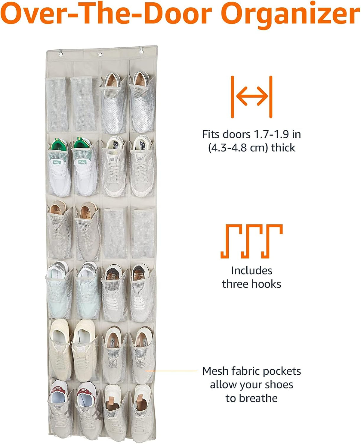 Amazon Basics 24 Medium Mesh Pocket Over-the-Door Hanging Shoe Organizer, Space Saving Shoe Storage, Light Grey | Over-the-Door
