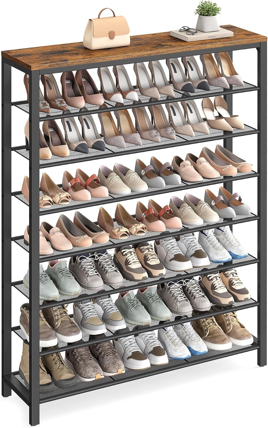 VASAGLE 4 Tier Shoe Rack, Shoe Organizer for Closet, Entryway, 16-20 Pairs of Shoes, Large Shoe Rack Organizer with 3 Metal Mesh Shelves, 11.8 x 39.4 x 28.3 Inches, Rustic Brown and Black ULBS14BX