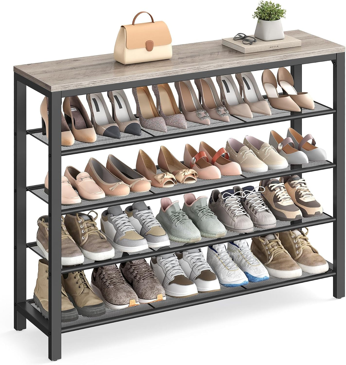 VASAGLE 4 Tier Shoe Rack, Shoe Organizer for Closet, Entryway, 16-20 Pairs of Shoes, Large Shoe Rack Organizer with 3 Metal Mesh Shelves, 11.8 x 39.4 x 28.3 Inches, Rustic Brown and Black ULBS14BX