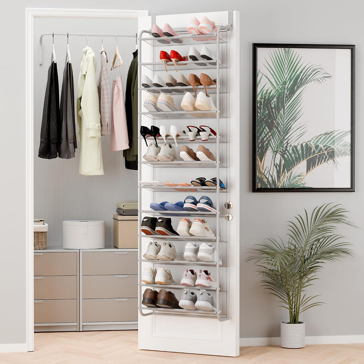 Whitmor 36 Pair Over The Door Shoe Organizer, 12 Tier Hanging Shoe Organizer, Heavy Duty Metal & Mesh Shoe Holder, Hanging Shoe Rack for Closet Organizer & Storage, 74"H x 21.7"W x 7.5"D, White
