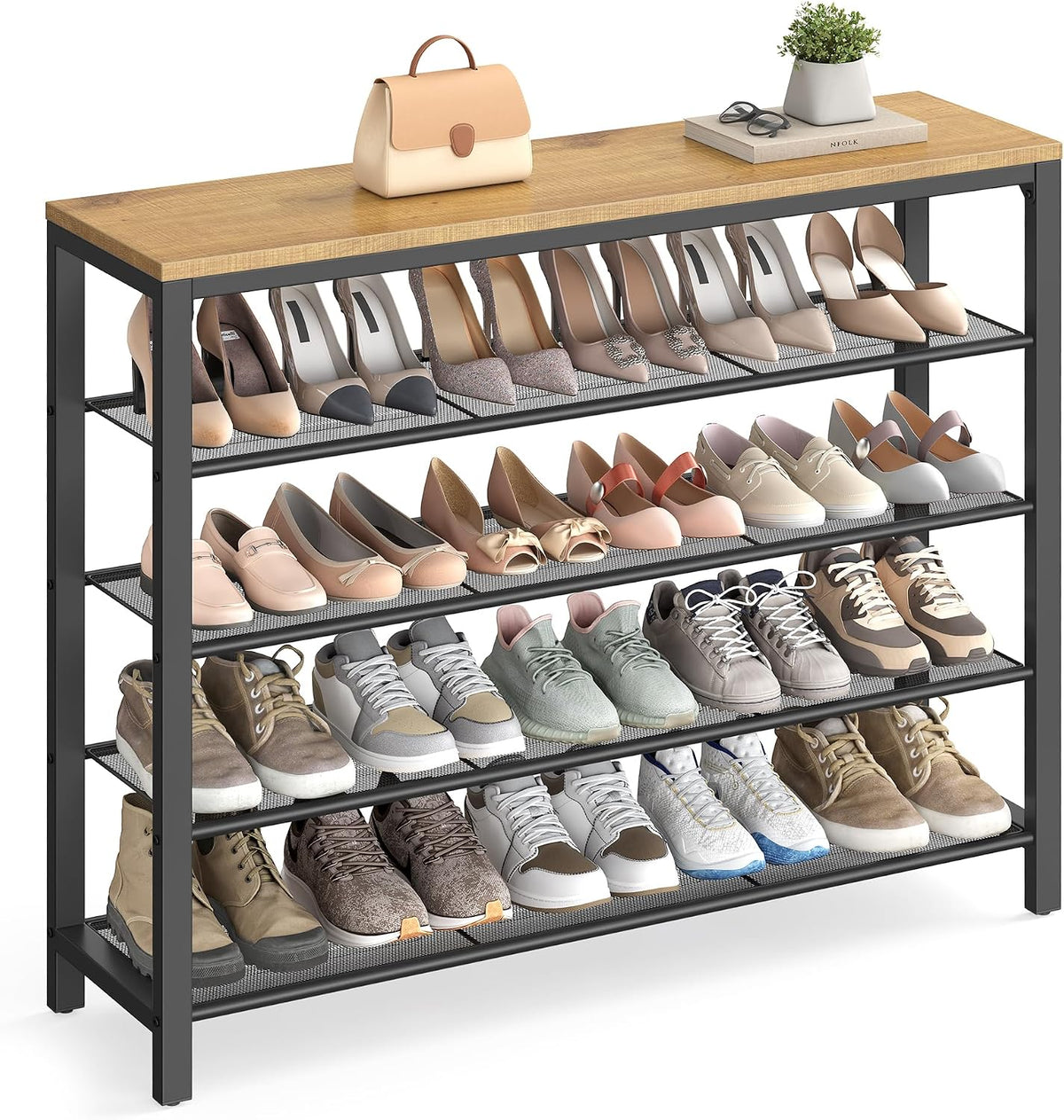 VASAGLE 4 Tier Shoe Rack, Shoe Organizer for Closet, Entryway, 16-20 Pairs of Shoes, Large Shoe Rack Organizer with 3 Metal Mesh Shelves, 11.8 x 39.4 x 28.3 Inches, Rustic Brown and Black ULBS14BX