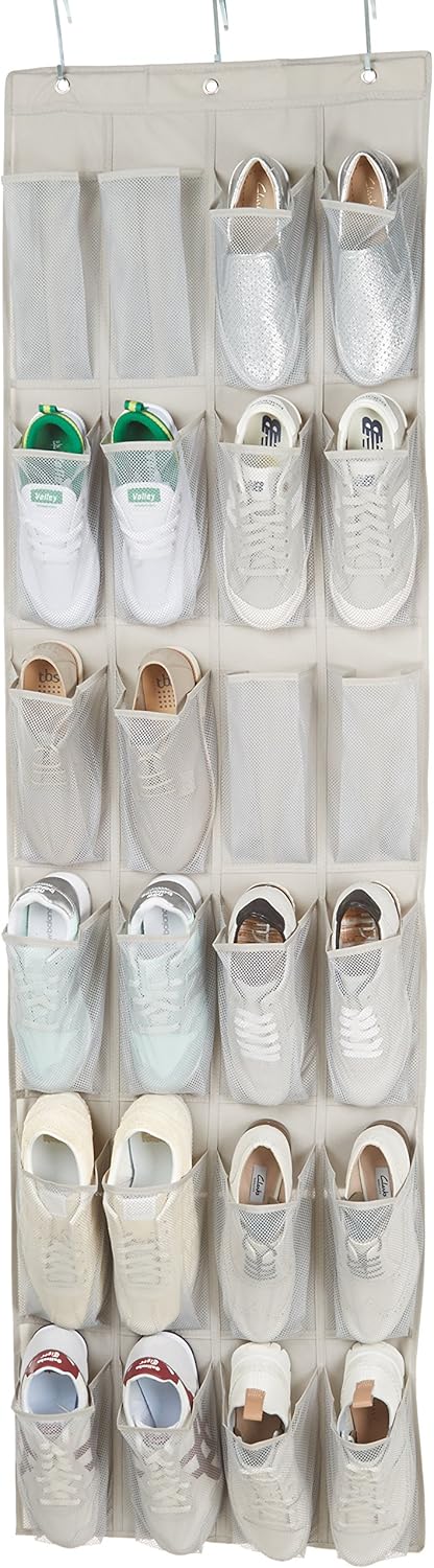 Amazon Basics 24 Medium Mesh Pocket Over-the-Door Hanging Shoe Organizer, Space Saving Shoe Storage, Light Grey | Over-the-Door