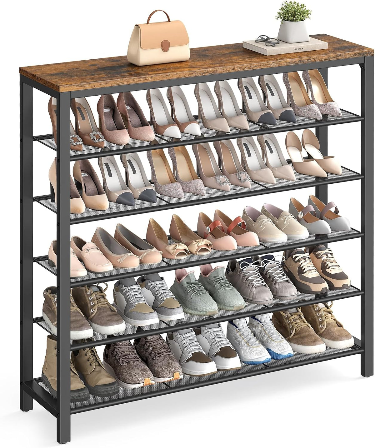 VASAGLE 4 Tier Shoe Rack, Shoe Organizer for Closet, Entryway, 16-20 Pairs of Shoes, Large Shoe Rack Organizer with 3 Metal Mesh Shelves, 11.8 x 39.4 x 28.3 Inches, Rustic Brown and Black ULBS14BX