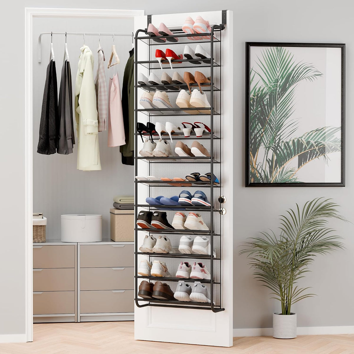 Whitmor 36 Pair Over The Door Shoe Organizer, 12 Tier Hanging Shoe Organizer, Heavy Duty Metal & Mesh Shoe Holder, Hanging Shoe Rack for Closet Organizer & Storage, 74"H x 21.7"W x 7.5"D, White