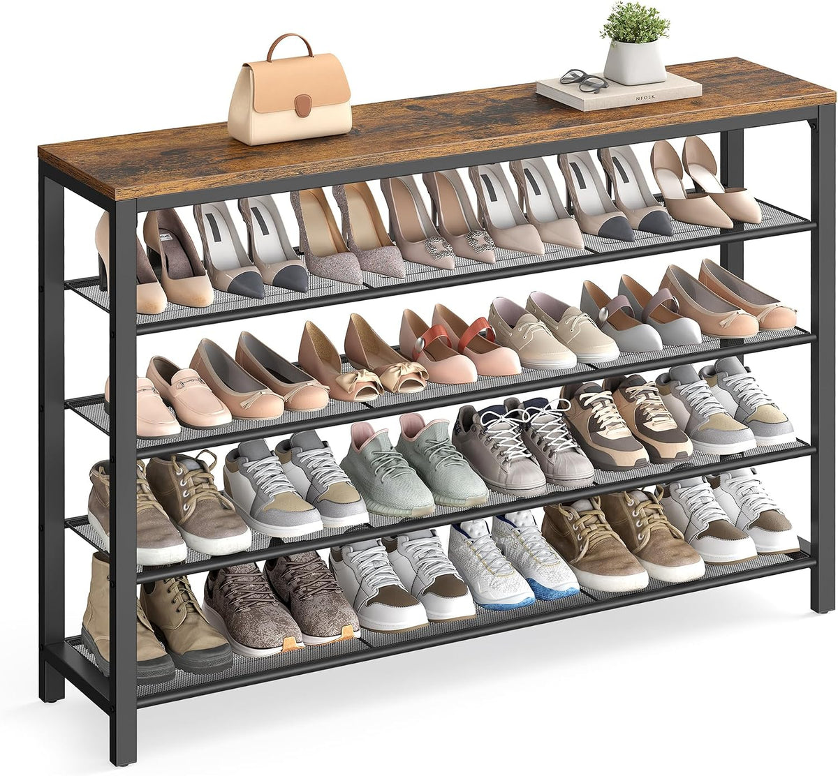 VASAGLE 4 Tier Shoe Rack, Shoe Organizer for Closet, Entryway, 16-20 Pairs of Shoes, Large Shoe Rack Organizer with 3 Metal Mesh Shelves, 11.8 x 39.4 x 28.3 Inches, Rustic Brown and Black ULBS14BX