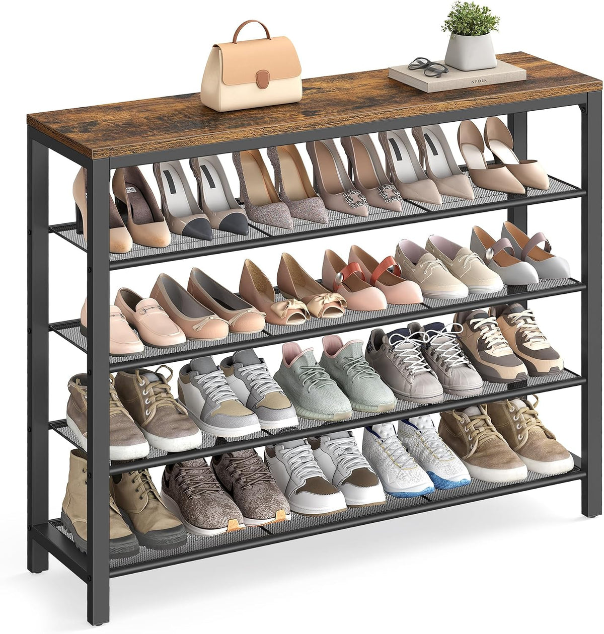 VASAGLE 4 Tier Shoe Rack, Shoe Organizer for Closet, Entryway, 16-20 Pairs of Shoes, Large Shoe Rack Organizer with 3 Metal Mesh Shelves, 11.8 x 39.4 x 28.3 Inches, Rustic Brown and Black ULBS14BX