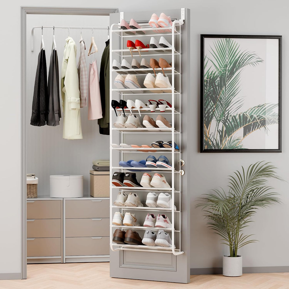 Whitmor 36 Pair Over The Door Shoe Organizer, 12 Tier Hanging Shoe Organizer, Heavy Duty Metal & Mesh Shoe Holder, Hanging Shoe Rack for Closet Organizer & Storage, 74"H x 21.7"W x 7.5"D, White