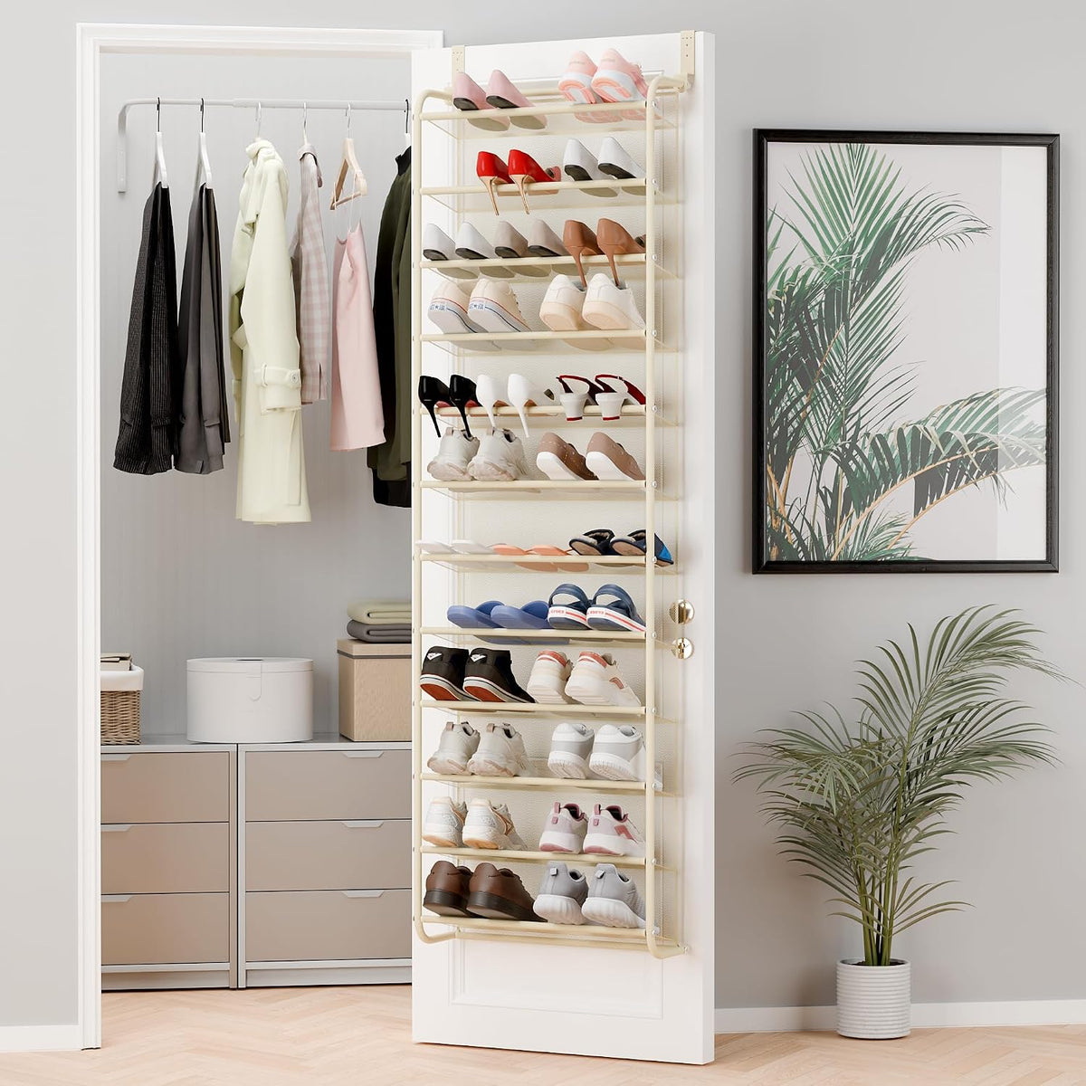 Whitmor 36 Pair Over The Door Shoe Organizer, 12 Tier Hanging Shoe Organizer, Heavy Duty Metal & Mesh Shoe Holder, Hanging Shoe Rack for Closet Organizer & Storage, 74"H x 21.7"W x 7.5"D, White