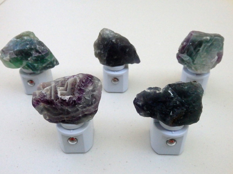 Rainbow and Green Fluorite "Rough" LED Gemstone Sensor Night Lights in Assorted Colors
