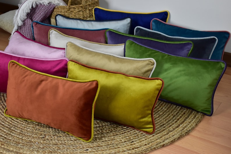 Velvet Lumbar Pillow with Piping, Designer Throw Pillow Cover, Windowpane Luxury Cushion Cover, Comfy Pillow Case in Desired Size and Color
