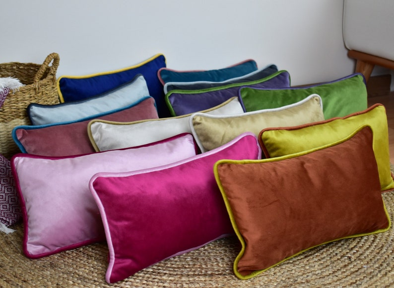 Velvet Lumbar Pillow with Piping, Designer Throw Pillow Cover, Windowpane Luxury Cushion Cover, Comfy Pillow Case in Desired Size and Color