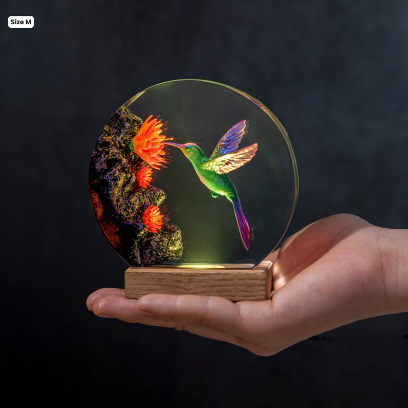 Hummingbird Resin Night Light | Handmade Round with Wooden Base | Romantic Nature Decor & Unique Gift