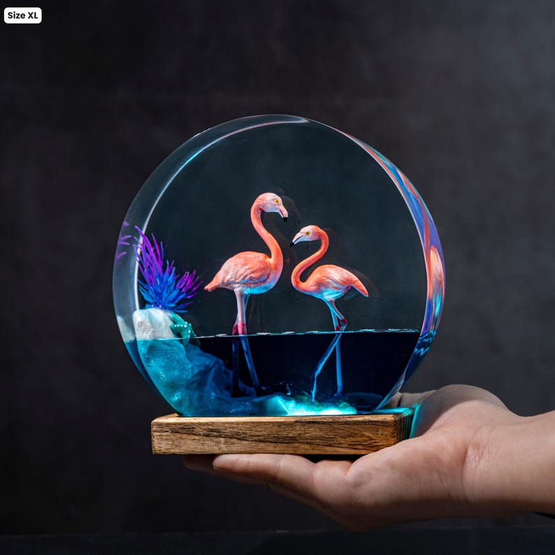 Hummingbird Resin Night Light | Handmade Round with Wooden Base | Romantic Nature Decor & Unique Gift