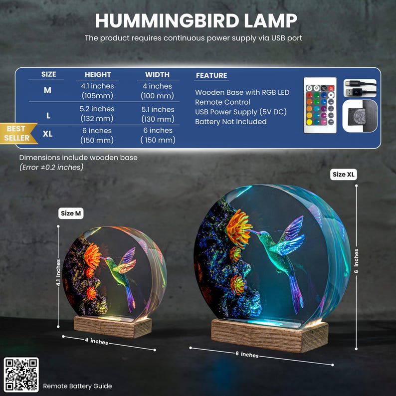 Hummingbird Resin Night Light | Handmade Round with Wooden Base | Romantic Nature Decor & Unique Gift