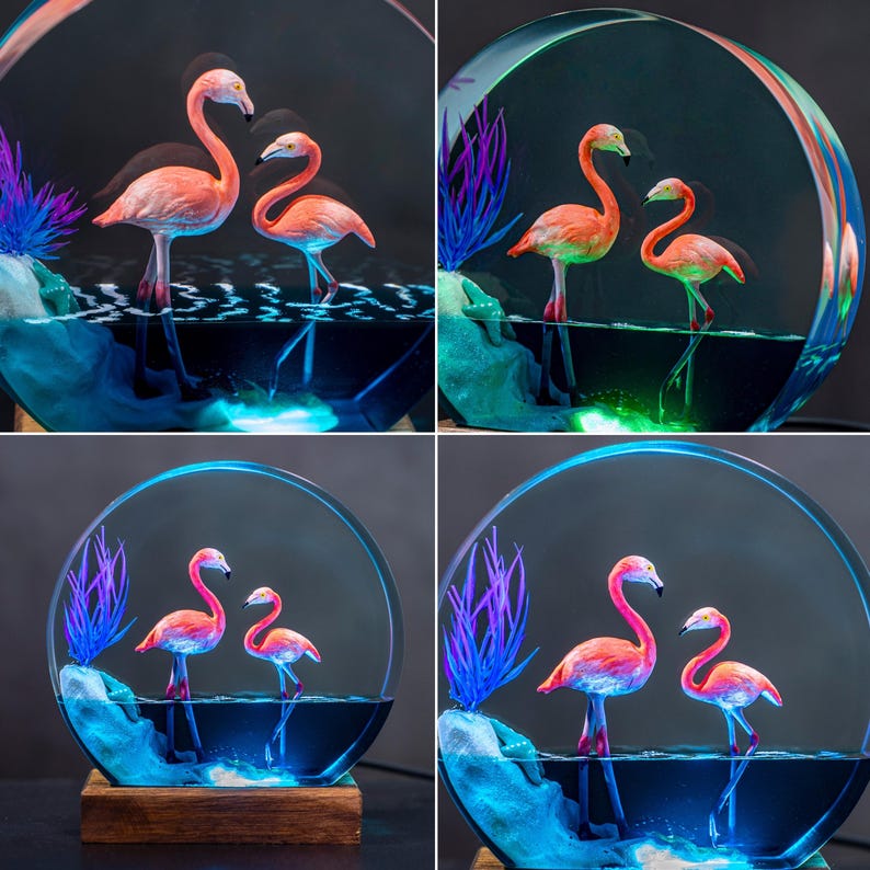 Hummingbird Resin Night Light | Handmade Round with Wooden Base | Romantic Nature Decor & Unique Gift