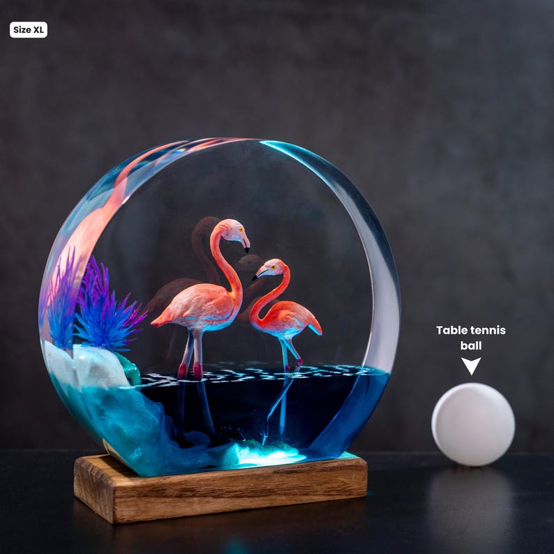 Hummingbird Resin Night Light | Handmade Round with Wooden Base | Romantic Nature Decor & Unique Gift