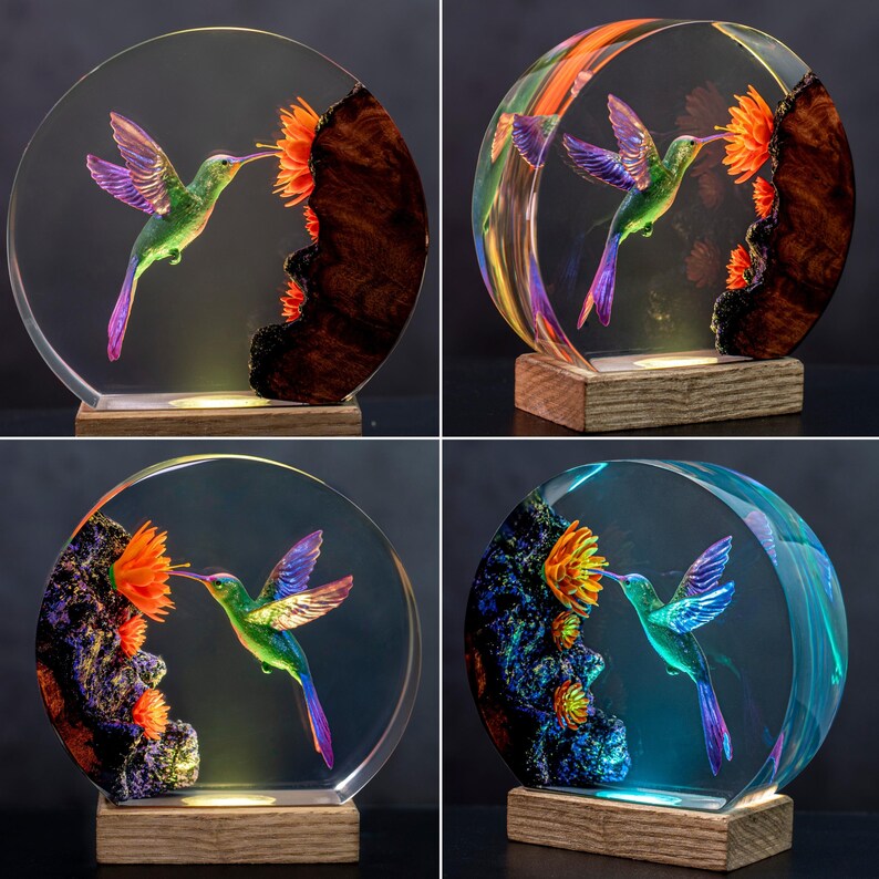 Hummingbird Resin Night Light | Handmade Round with Wooden Base | Romantic Nature Decor & Unique Gift