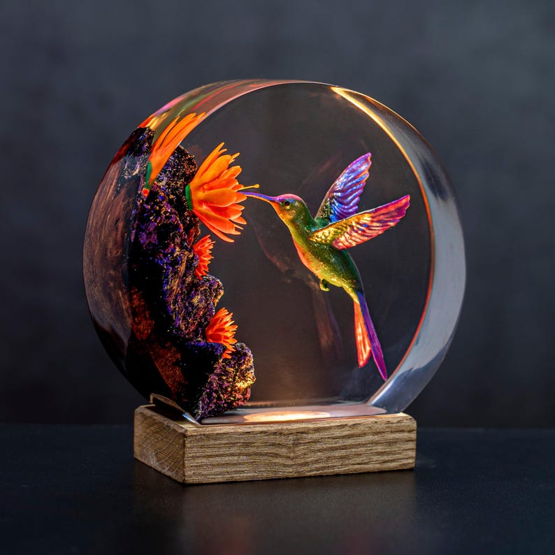 Hummingbird Resin Night Light | Handmade Round with Wooden Base | Romantic Nature Decor & Unique Gift