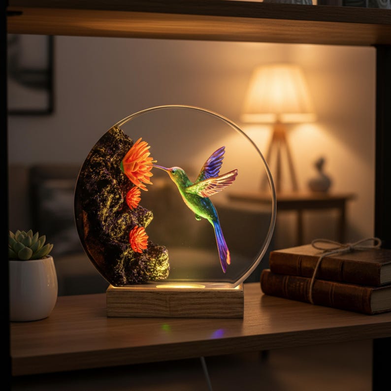 Hummingbird Resin Night Light | Handmade Round with Wooden Base | Romantic Nature Decor & Unique Gift
