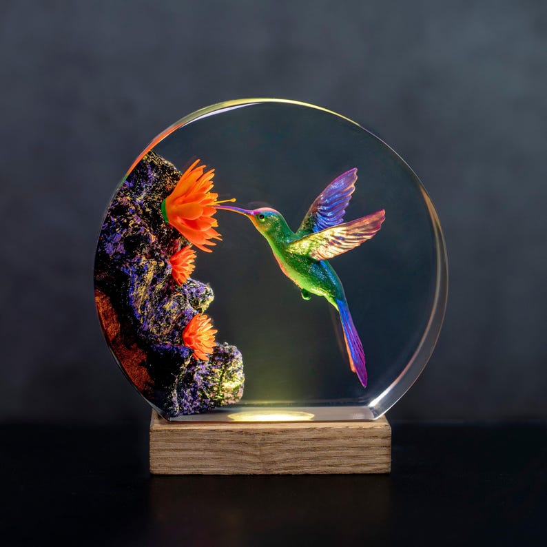 Hummingbird Resin Night Light | Handmade Round with Wooden Base | Romantic Nature Decor & Unique Gift