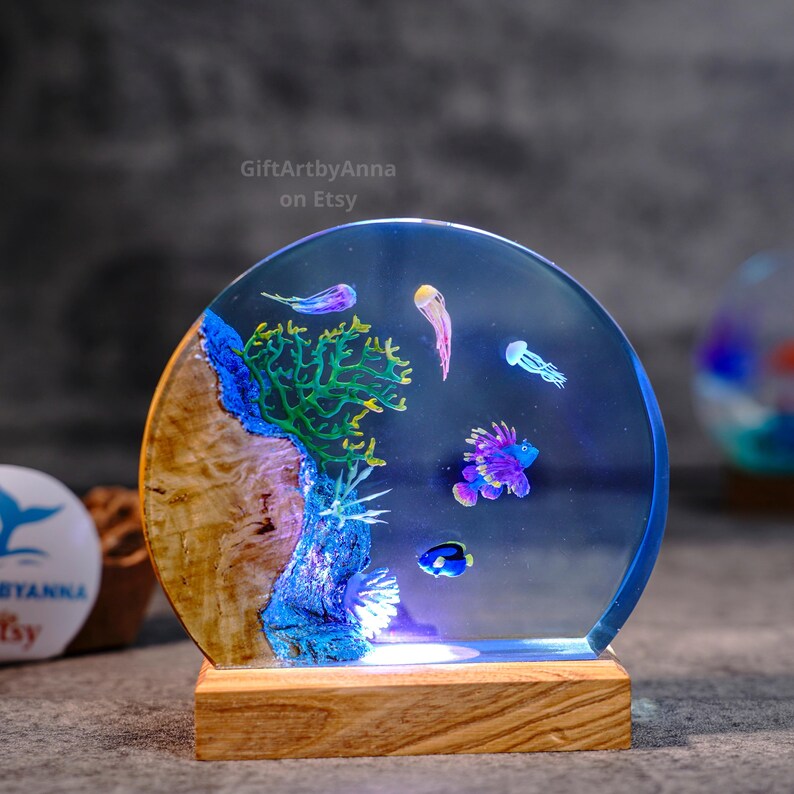 Hummingbird Resin Night Light | Handmade Round with Wooden Base | Romantic Nature Decor & Unique Gift