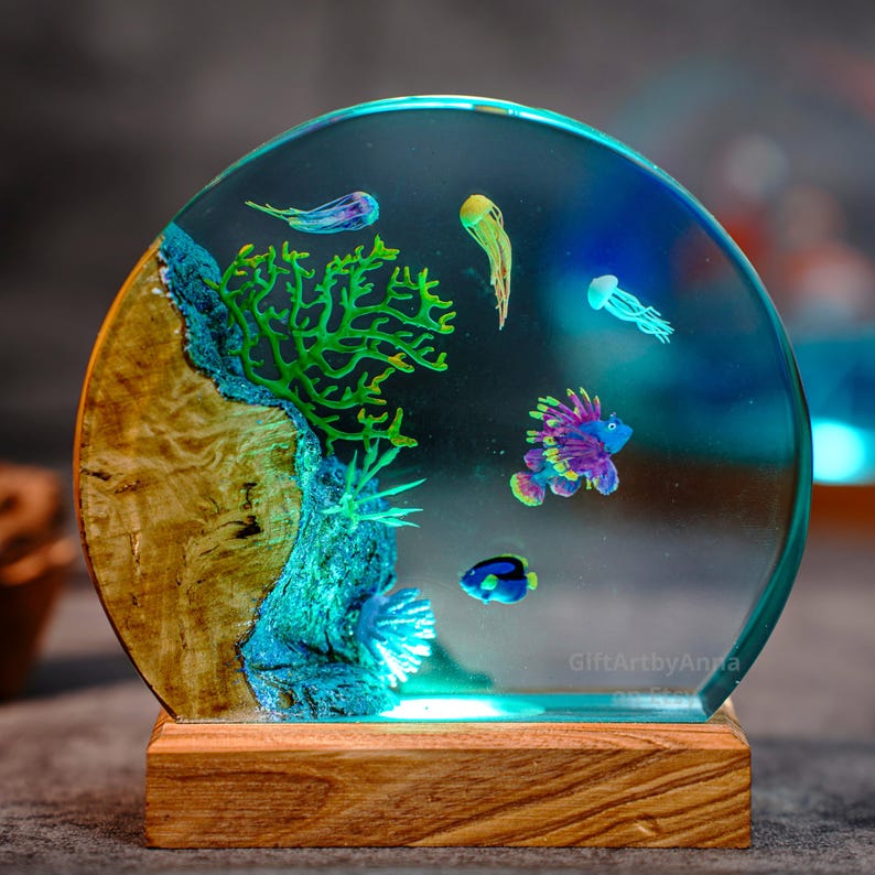 Hummingbird Resin Night Light | Handmade Round with Wooden Base | Romantic Nature Decor & Unique Gift