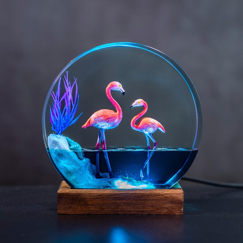 Hummingbird Resin Night Light | Handmade Round with Wooden Base | Romantic Nature Decor & Unique Gift