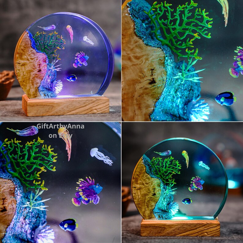 Hummingbird Resin Night Light | Handmade Round with Wooden Base | Romantic Nature Decor & Unique Gift