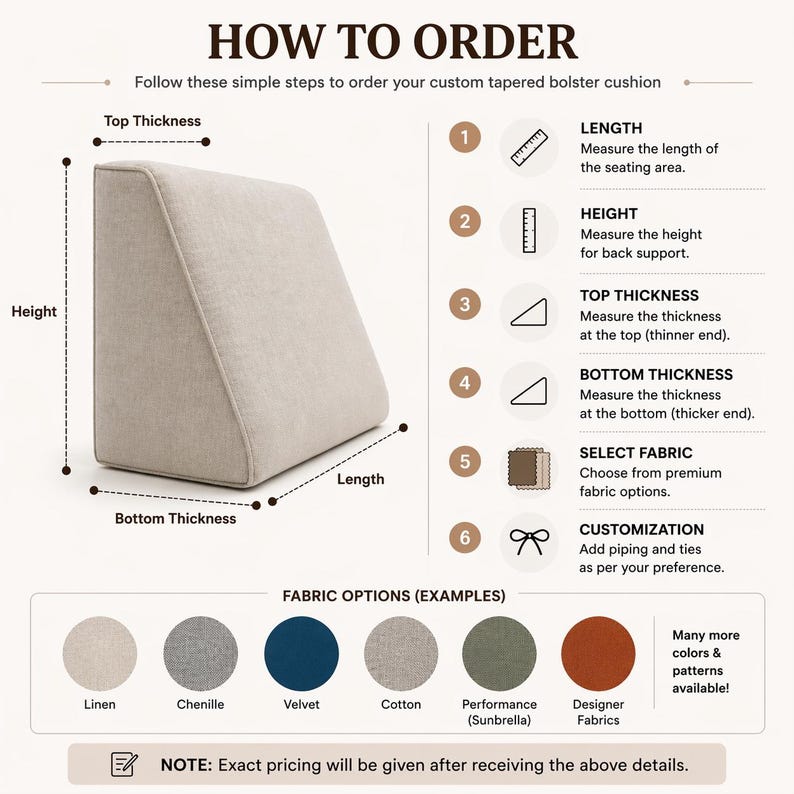 Custom Tapered Bolster Cushion, Lumbar Support Wedge Pillow, Velvet, Chenille, Linen
